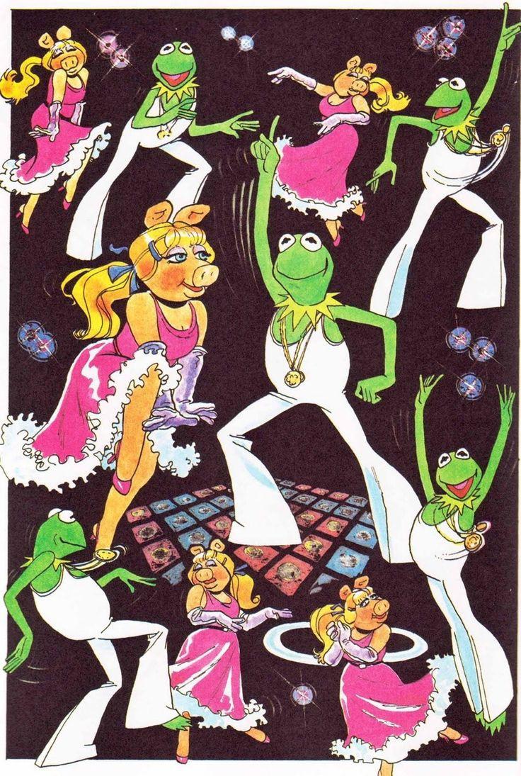 an old '70s illustration of kermit the frog and miss piggy dressed up in disco clothes (miss piggy in a pink & white sleeveless dress, kermit in a white bellbottom pantsuit), dancing on a "saturday night fever"-style illuminated dance floor. 